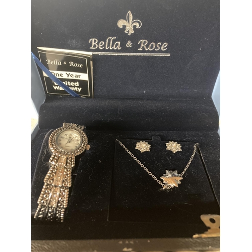 450 - A BELLA AND ROSED BOXED WATCH, NECKLACE AND EARRINGS SET, A GENEVA, JAPAN, QUARTZ WATCH, BRACELET AN... 