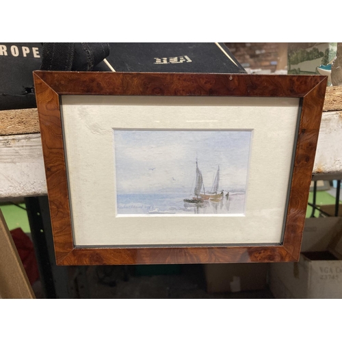 812 - A GILT FRAMED PAINTING ON GLASS OF A SAILING BOAT 28CM X 24 CM PLUS A FRAMED PRINT OF YACHTS