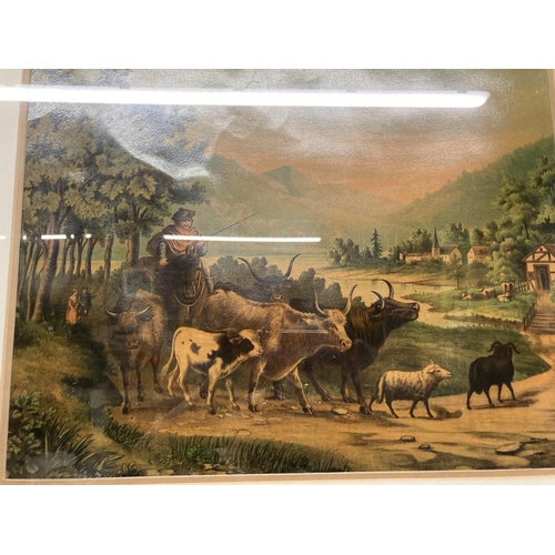 843 - A VINTAGE STYLE PRINT OF A PATORAL SCENE WITH COWS, ETC PLUS A LAWSON WOOD VINTAGE 'MONKEY' PRINT