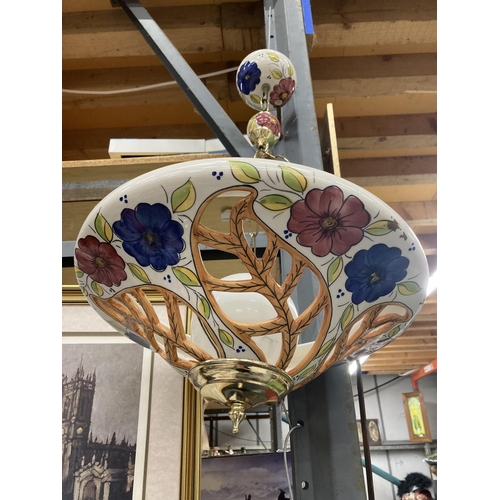 861 - A CERAMIC FLORAL CEILING LIGHT WITH CERAMIC BUBLES TO THE TOP, DROP APPROX 66CM