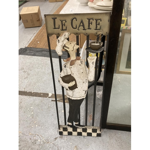 862 - A WOODEN FRAMED WALL MIRROR 84CM X 52CM PLUS A 'LE CAFE' WALL HANGING SIGN 76CM X 29CM