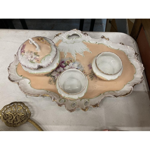 863 - A 'PETIT POINT' TRAY, BRUSHES AND MIRROR SET WITH BACK EMBROIDERY PLUS THREE DRESSING TABLE SETS