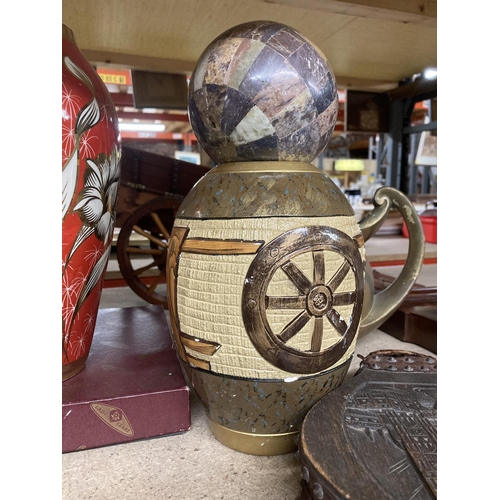 893 - A VINTAGE BAROMETER WITH FLORAL DECORATION, VINTAGE BELLOWS, VASES, WOODEN CART, PLACE MATS, ETC