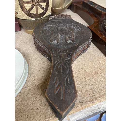 893 - A VINTAGE BAROMETER WITH FLORAL DECORATION, VINTAGE BELLOWS, VASES, WOODEN CART, PLACE MATS, ETC