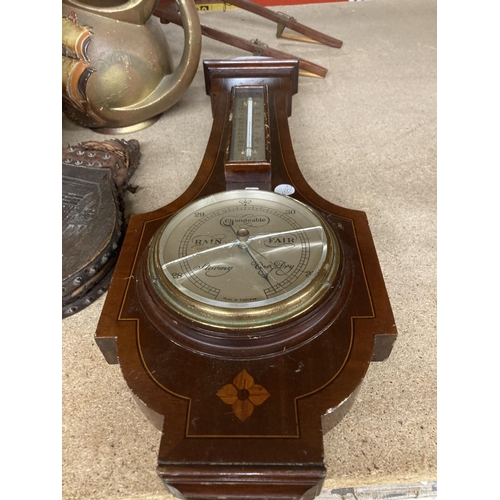 893 - A VINTAGE BAROMETER WITH FLORAL DECORATION, VINTAGE BELLOWS, VASES, WOODEN CART, PLACE MATS, ETC