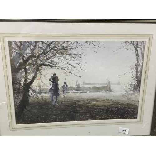 915 - A FRAMED HORSE RACING PRINT BY ALWYN CRAWSHAW PLUS A PRINT OF A VINTAGE JOCKEY AND HORSE