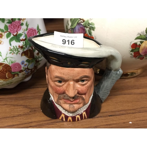 916 - FOUR CERAMIC PLANTERS PLUS A ROYAL DOULTON KING HENRY V111 TOBY JUG