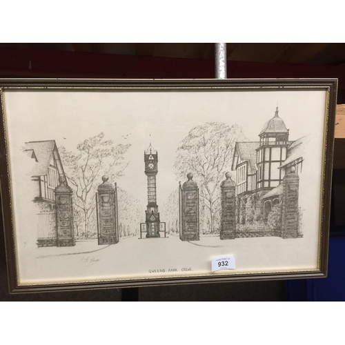 932 - FOUR PRINTS OF CREWE - CHRIST CHURCH RUINS, CREWE TOWN HALL, QUEEN'S PARK AND YE OLDE CHETWODE ARMS'