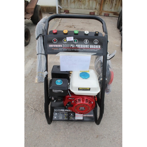 117 - NEW KILRUSH 3000PSI 61/2 HP PETROL PRESSURE WASHER. NO OIL OR PETROL IN ENGINE - NO VAT