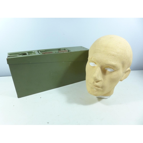 399 - A GREEN PAINTED AMMUNITION BOX AND A POLYSTYRENE HEAD (2)