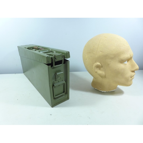 399 - A GREEN PAINTED AMMUNITION BOX AND A POLYSTYRENE HEAD (2)