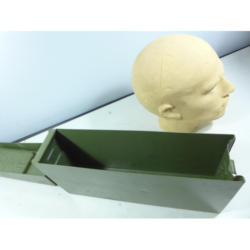 399 - A GREEN PAINTED AMMUNITION BOX AND A POLYSTYRENE HEAD (2)