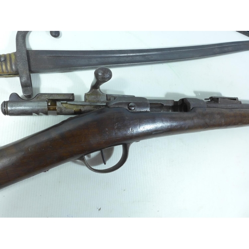 406 - A FRENCH OBSOLETE CALIBRE CHASSEPOT RIFLE DATED 1876 AND BAYONET, 64CM BARREL, LACKING NEEDLE