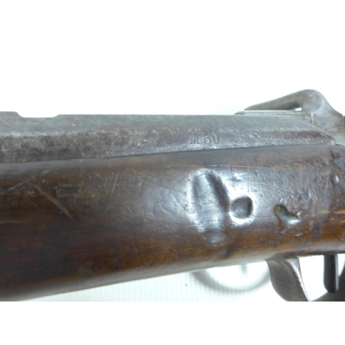 406 - A FRENCH OBSOLETE CALIBRE CHASSEPOT RIFLE DATED 1876 AND BAYONET, 64CM BARREL, LACKING NEEDLE