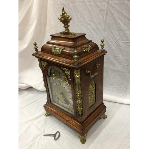 1 - A 19TH CENTURY OAK CASED BRACKET CLOCK WITH FULL BRASS DIAL AND SILVER CHAPTER RING DECORATED WITH O... 