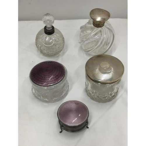 17 - FIVE VINTAGE SILVER AND CUT GLASS ITEMS TO INCLUDE ENAMELLED SILVER LIDDED GLASS JARS, DECANTER WITH... 