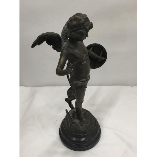 51 - A FRENCH LATE 19TH CENTURY BRONZE FIGURE OF CUPID WITH BOW AND SHIELD ON A MARBLE BASE SIGNED AUGUST... 
