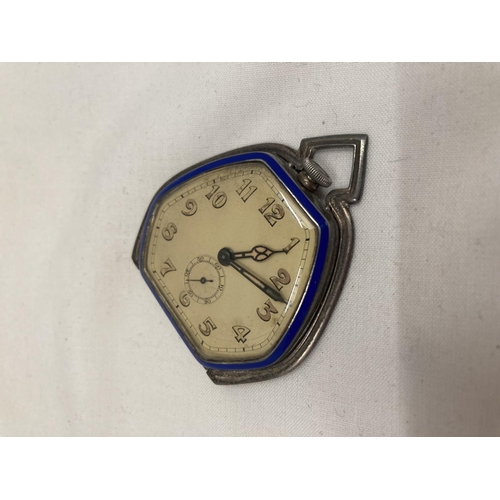 19 - A VINTAGE ART DECO STYLE SILVER TRAVELLING CLOCK WITH HEXAGANOL FACE ANDE BLUE ENAMEL OUTER EDGE STA... 