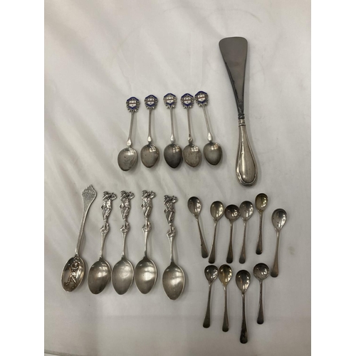 18A - TWENTY MARKED  SILVER SPOONS MAINLY GOLF RELATED AND A SILVER HANDLED SHOE HORN