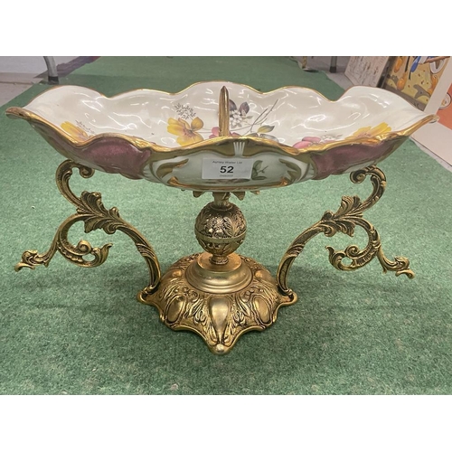 52 - A DECORATIVE CERAMIC TAZZA FRUIT BOWL WITH GILDING ON BRASS ROCOCO STYLE STAND H: 23CM W: 38CM