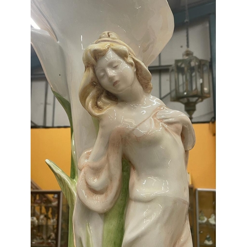 56 - A LARGE ART NOUVEAU STYLE ITALIAN MADE CERAMIC VASE WITH LEAF DESIGN AND A FIGURE OF A LADY  H: 62CM