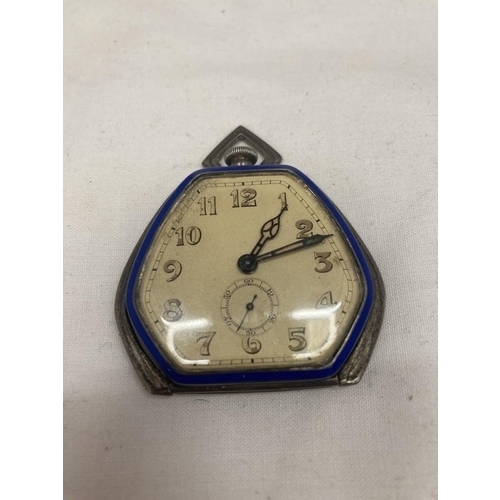 19 - A VINTAGE ART DECO STYLE SILVER TRAVELLING CLOCK WITH HEXAGANOL FACE ANDE BLUE ENAMEL OUTER EDGE STA... 