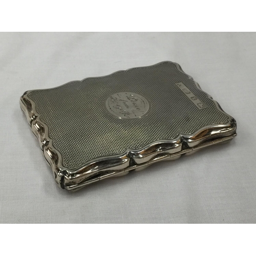 10 - A BIRMINGHAM HALLMARKED SILVER CARD CASE HOLDER WITH LEATHER INTERIOR IN GOOD CONDITION AND INSCRIPT... 