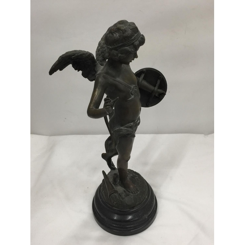 12 - A LATE 19TH CENTURY FRENCH BRONZE FIGURE OF CUPID WITH BOW AND SHIELD ON A MARBLE BASE SIGNED AUGUST... 