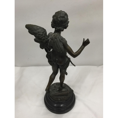 12 - A LATE 19TH CENTURY FRENCH BRONZE FIGURE OF CUPID WITH BOW AND SHIELD ON A MARBLE BASE SIGNED AUGUST... 