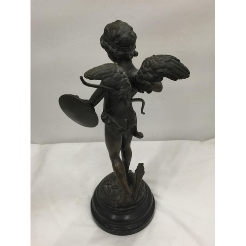 12 - A LATE 19TH CENTURY FRENCH BRONZE FIGURE OF CUPID WITH BOW AND SHIELD ON A MARBLE BASE SIGNED AUGUST... 