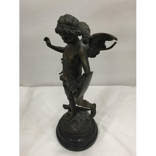 12 - A LATE 19TH CENTURY FRENCH BRONZE FIGURE OF CUPID WITH BOW AND SHIELD ON A MARBLE BASE SIGNED AUGUST... 