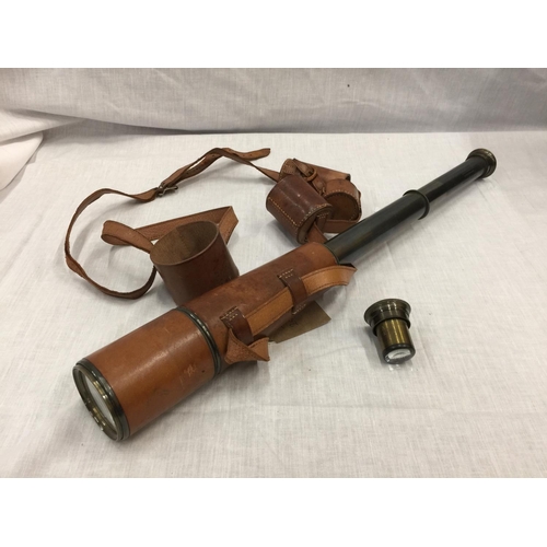 13 - A VINTAGE BRASS AND LEATHER TELESCOPE RECONDITIONED FOR JOHN BARKER & CO LTD KENSINGTON W.8. BY BROA... 