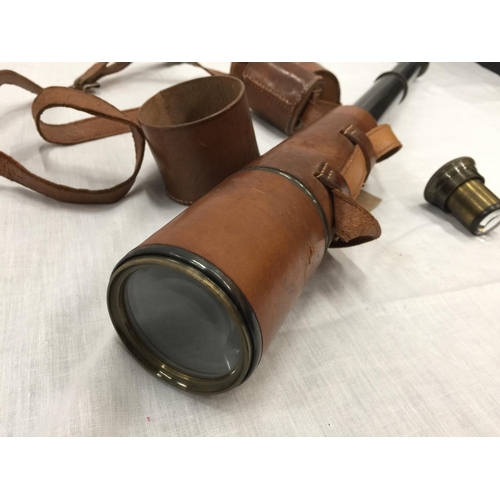 13 - A VINTAGE BRASS AND LEATHER TELESCOPE RECONDITIONED FOR JOHN BARKER & CO LTD KENSINGTON W.8. BY BROA... 