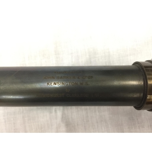 13 - A VINTAGE BRASS AND LEATHER TELESCOPE RECONDITIONED FOR JOHN BARKER & CO LTD KENSINGTON W.8. BY BROA... 