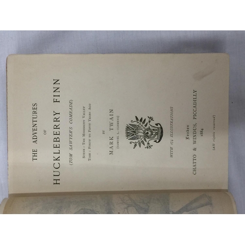 27 - TWO FIRST EDITION HARDBACKS BY MARK TWAIN, A YELLOW JACKET HUCKLEBERRY FINN PUBLISHED 1886 AND THE A... 