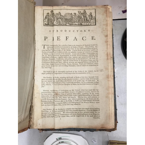 32 - THREE LARGE ANTIQUE LEATHER BOUND BOOKS, TWO BEING THE COMPLETE SYSTEM OF GEOGRAPHY PUBLISHED 1742 A... 