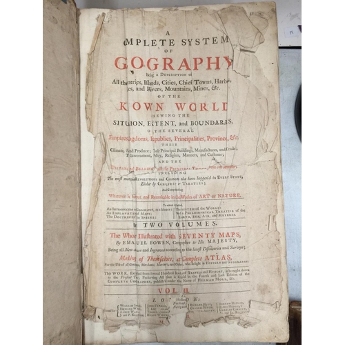 32 - THREE LARGE ANTIQUE LEATHER BOUND BOOKS, TWO BEING THE COMPLETE SYSTEM OF GEOGRAPHY PUBLISHED 1742 A... 