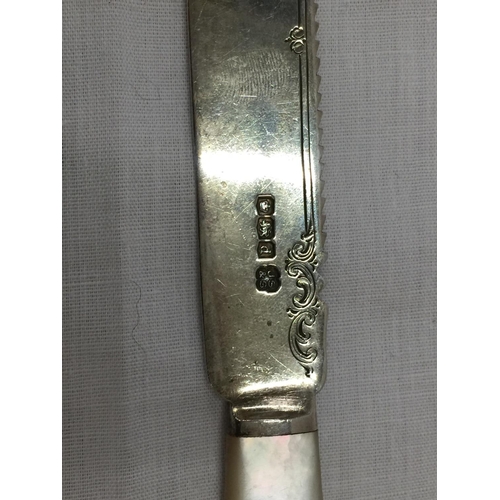 33 - A SHEFFIELD HALLMARKED SILVER KNIFE WITH MOTHER OF PEARL STYLE HANDLE AND FURTHER BIRMINGHAM HALLMAR... 