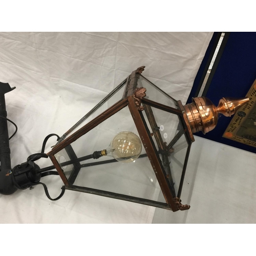 37 - A VERY LARGE VINTAGE COPPER FRAMED STREET LAMP WITH GLASS PANELS. APPROX HEIGHT: 120CM