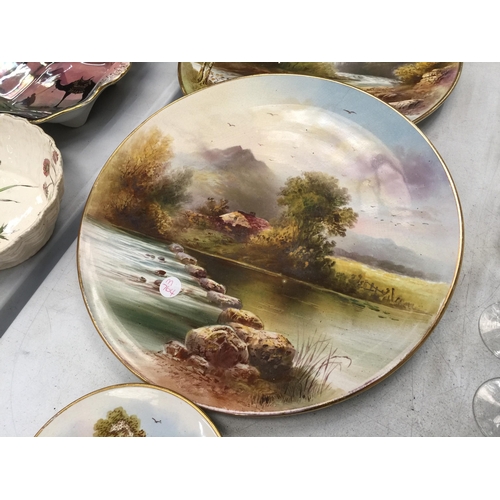 201 - TWO LARGE WALL PLATES WITH RIVER SCENES DIAMETER 33CM PLUS A SMALLER ONE