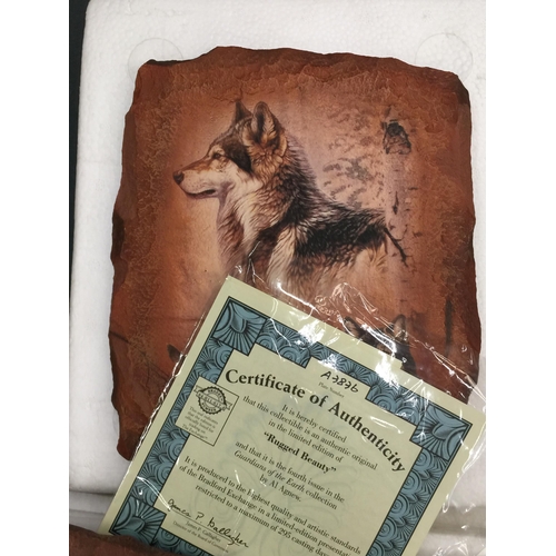 210 - FOUR LIMITED EDITION 'RUGGED BEAUTY' WALL PLAQUES DEPICTING WOLVES PLUS A FRANKLIN MINT CERAMIC PLAQ... 