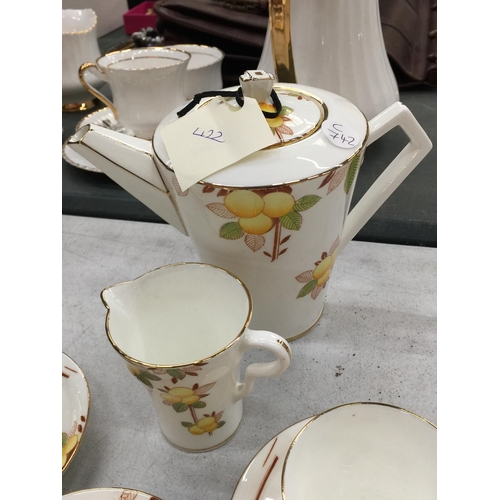 215 - TWO VINTAGE PART TEASETS TO INCLUDE ADDERLEY FLORAL BLACK CUPS AND SAUCERS PLUS ART DECO STYLE ORANG... 