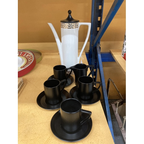 259 - A PART PORTMEIRION COFFEE SET 'GREEK KEY' TO INCLUDE COFFEE POT, CREAM JUG AND FOUR CUPS AND SAUCERS