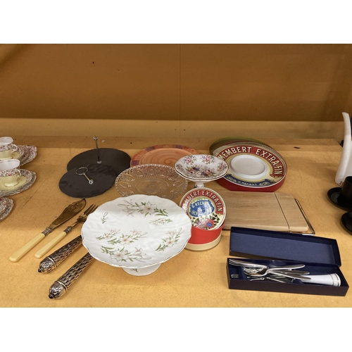 260 - THREE CAKE STANDS - 1 A/F, CAMEMBERT PLATE AND POT, ROYAL WORCESTER BOXED CAKE SLICE, FLATWARE, ETC