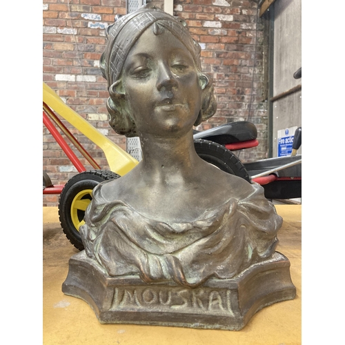 275 - A RECONSTITUTED STONE 'BRONZED' BUST OF 'MOUSKA'  HEIGHT 42CM, WIDTH 36CM