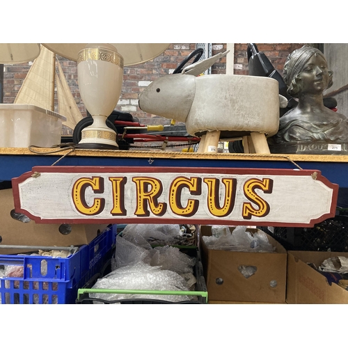 288 - A PAINTED WOODEN CIRCUS HANGING SIGN W: 100CM