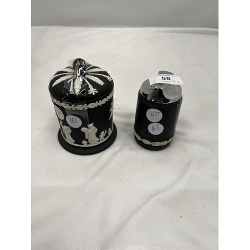 58 - TWO PIECES OF WEDGWOOD BLACK JASPERWARE TO INCLUDE A TABLE LIGHTER AND A LIDDED TRINKET BOX