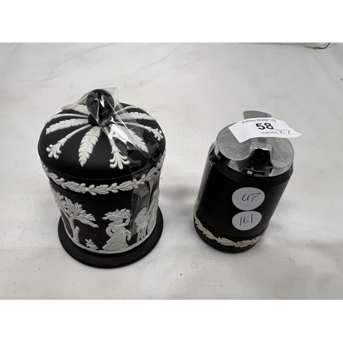 58 - TWO PIECES OF WEDGWOOD BLACK JASPERWARE TO INCLUDE A TABLE LIGHTER AND A LIDDED TRINKET BOX