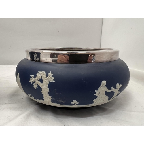 64 - A TUNSTALL JASPERWARE BOWL WITH PLATED RIM DIAMETER 18CM PLUS AN ADAM'S JASPERWARE BISCUIT BARREL WI... 