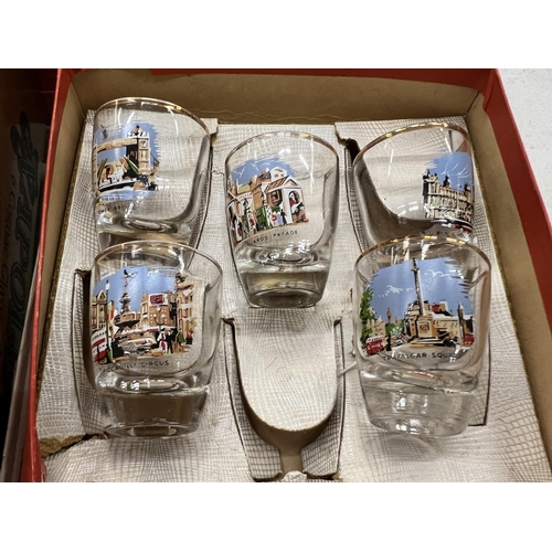 103 - A QUANTITY OF VINTAGE BOXED SPIRIT GLASSES INCLUDING COLOURED ONES, FLORAL, LONDON LANDSCAPES, ETC